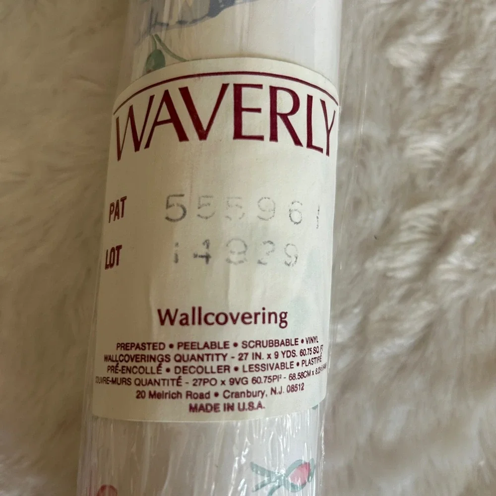 Waverly Wallpaper Roll 27in x 9yd Floral Blue Pink Ribbon 555961 New Vintage 90s